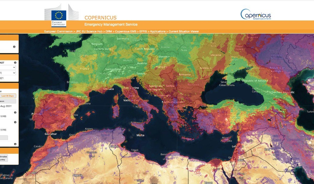 Copernicus Acil Durum Yönetim Servisi, Avrupa Orman Yangınları Bilgi Sistemi güncel yangın risk haritası, 10 Ağustos 2021